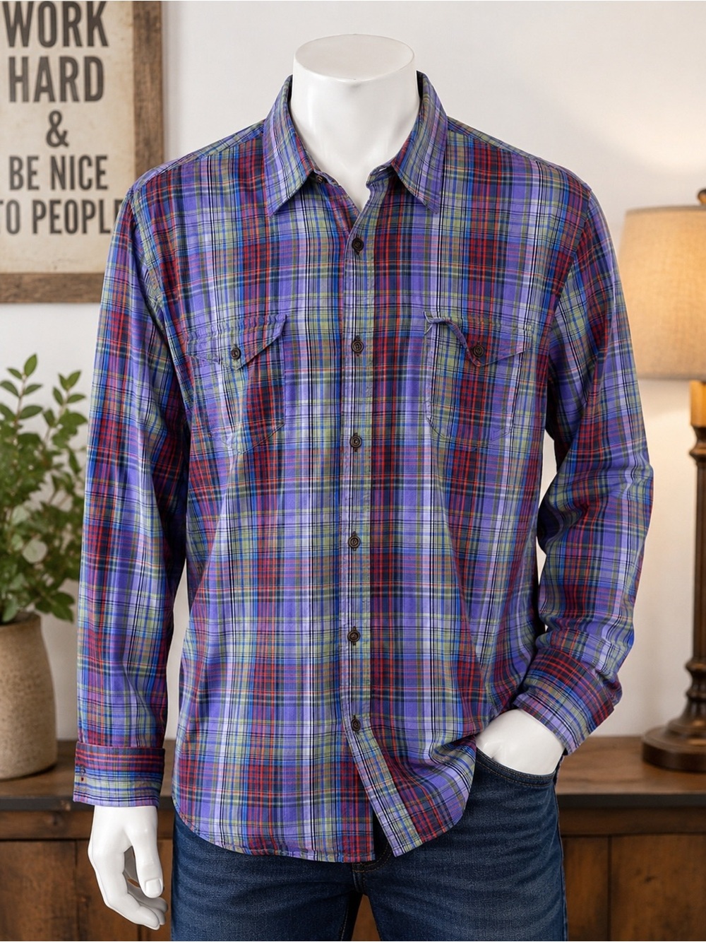 Ocean & Coast Men’s XL Plaid Button Down Roll Tab Sleeve Shirt Purple Red
